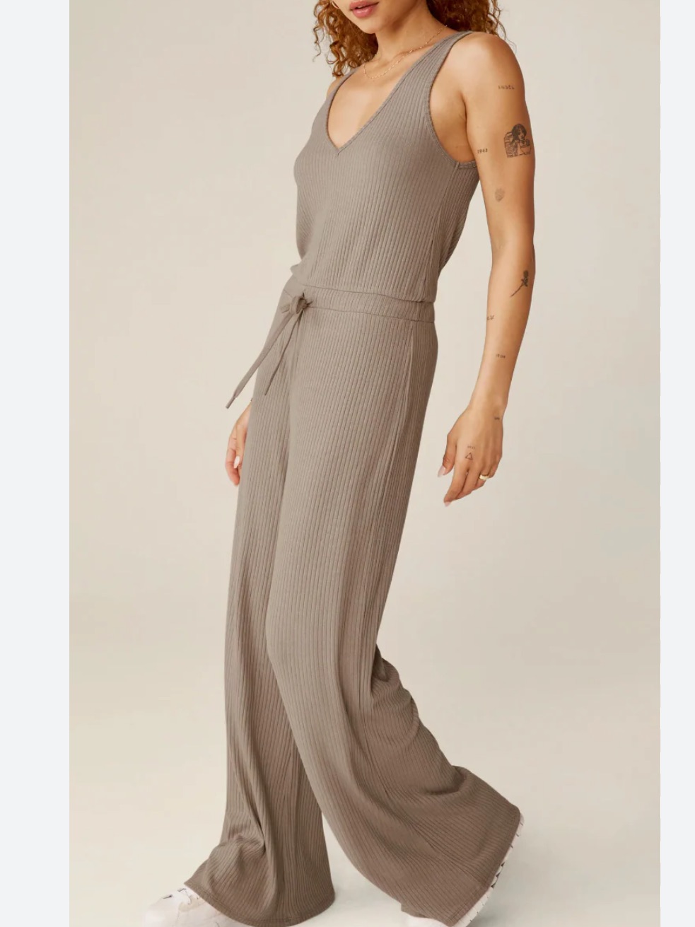 Beyond Yoga Ribbed V-Neck Wide-Leg Jumpsuit Taupe